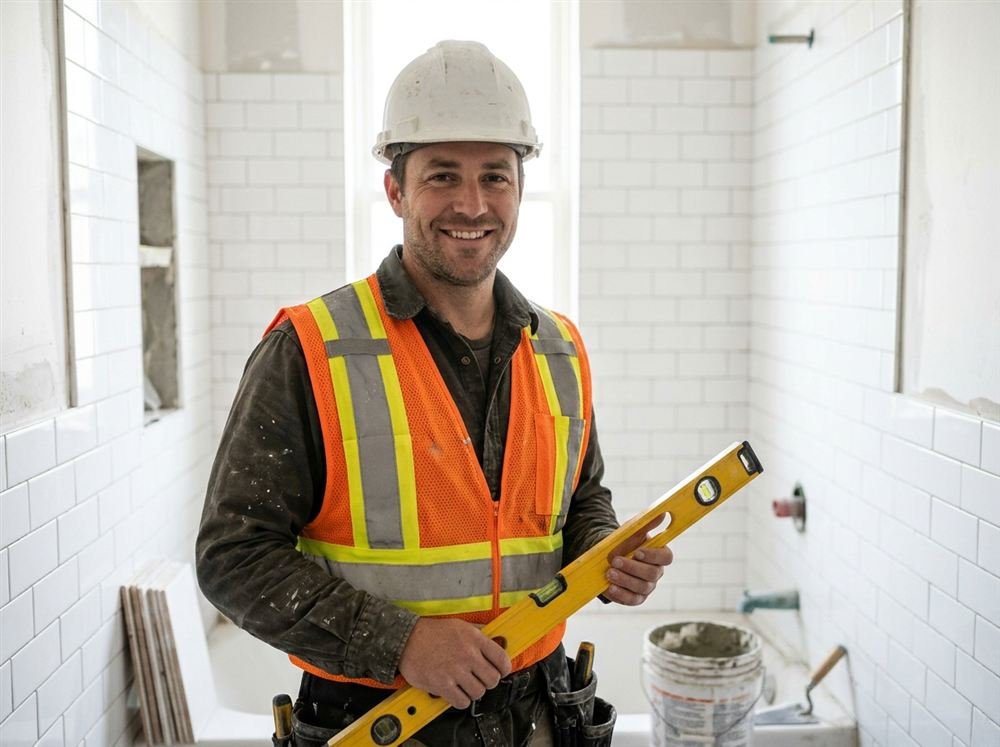 Operario de construcción sonriendo con casco y nivel